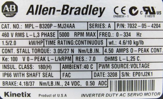 Allein-Bradley MPL-B320P-MJ24AA MPL-Serie MPL 480V Wechselstrom-Rotationsservomotor