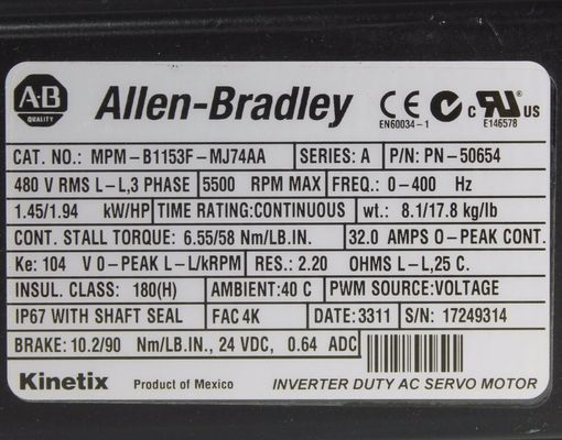 Allein-Bradley A20B-0007-0361 MP-Serie MPM 480V Wechselstrom-Rotationsservomotor