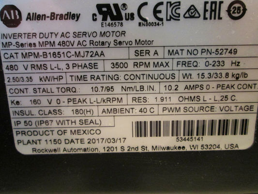 Allein-Bradley MPM-B1651C-MJ72AA MPM-Serie MPM 480V Wechselstrom-Rotationsservomotor