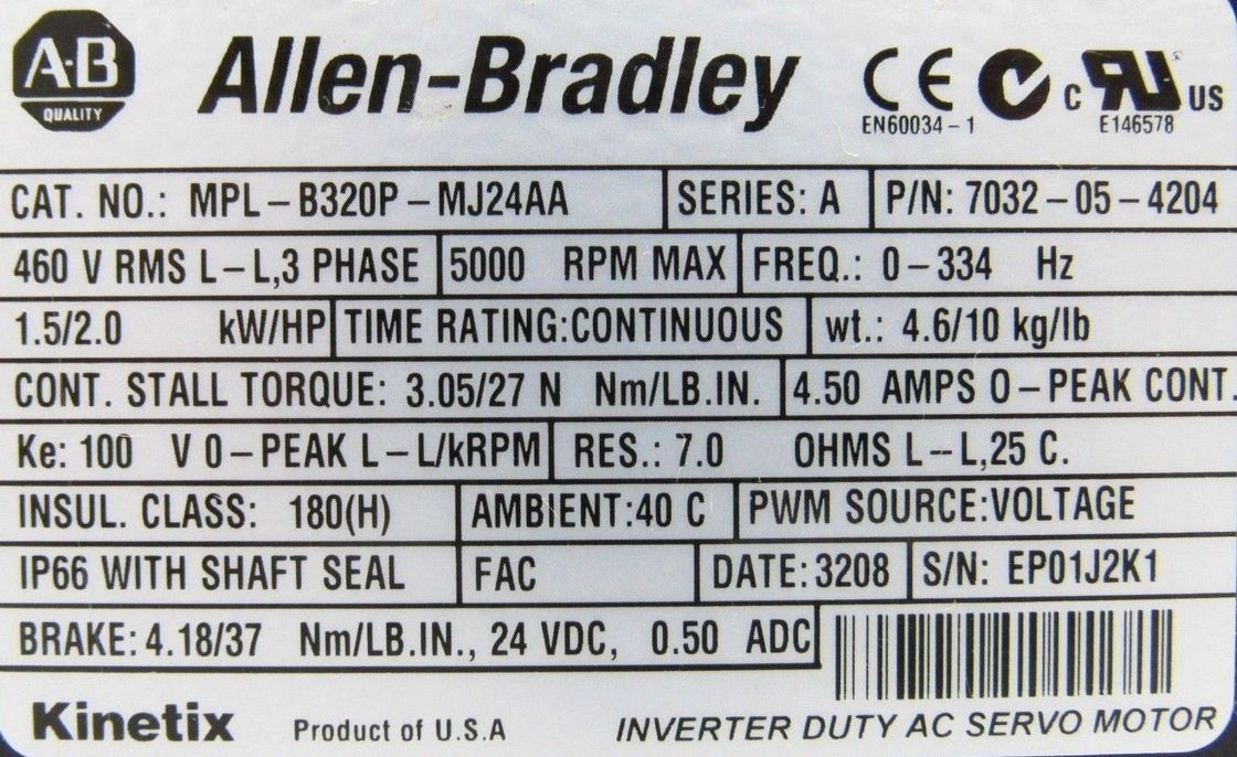 Allein-Bradley MPL-B320P-MJ24AA MPL-Serie MPL 480V Wechselstrom-Rotationsservomotor