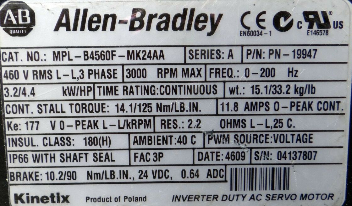 Allein-Bradley MPL-B4560F-MK24AA MPL-Serie MPL 480V Wechselstrom-Rotationsservomotor
